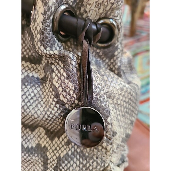 Vintage Furla Python Embossed Draw Leather Hand Bag Excell. Cond. Brown Neutral - Picture 4 of 12